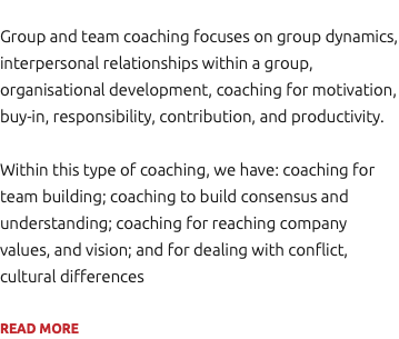 Group and team coaching focuses on group dynamics, interpersonal relationships within a group, organisational development, coaching for motivation, buy-in, responsibility, contribution, and productivity. Within this type of coaching, we have: coaching for team building; coaching to build consensus and understanding; coaching for reaching company values, and vision; and for dealing with conflict, cultural differences READ MORE